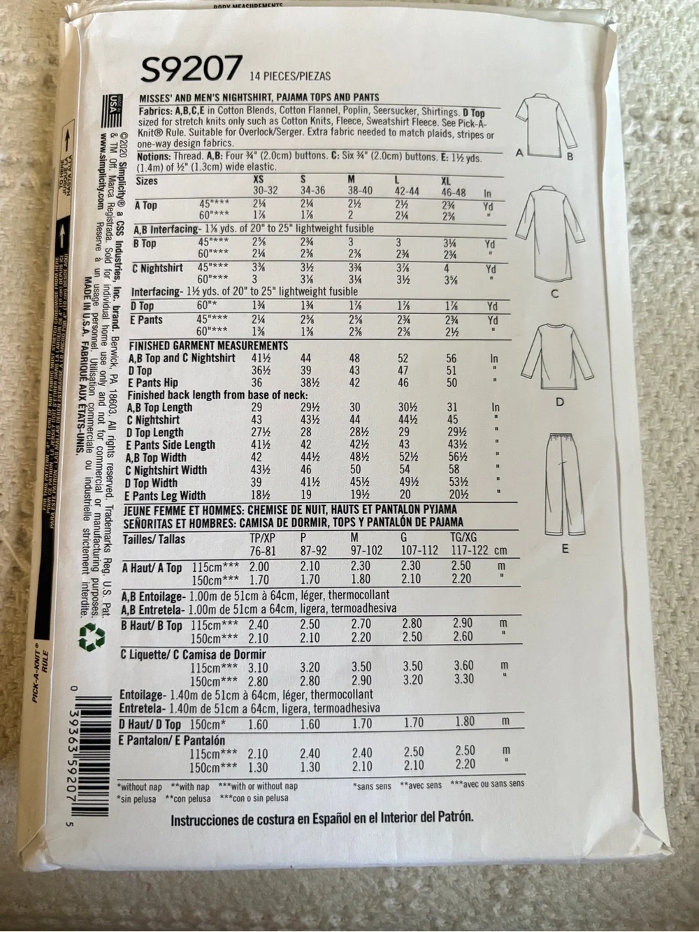 Simplicity Pattern S9207 A for Unisex Nightshirt, Pajama Tops, and Pajama Bottom